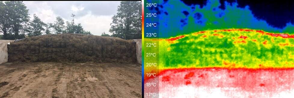 Afbeelding: Warmtefoto van een kuil. De rode plekken duiden op broei